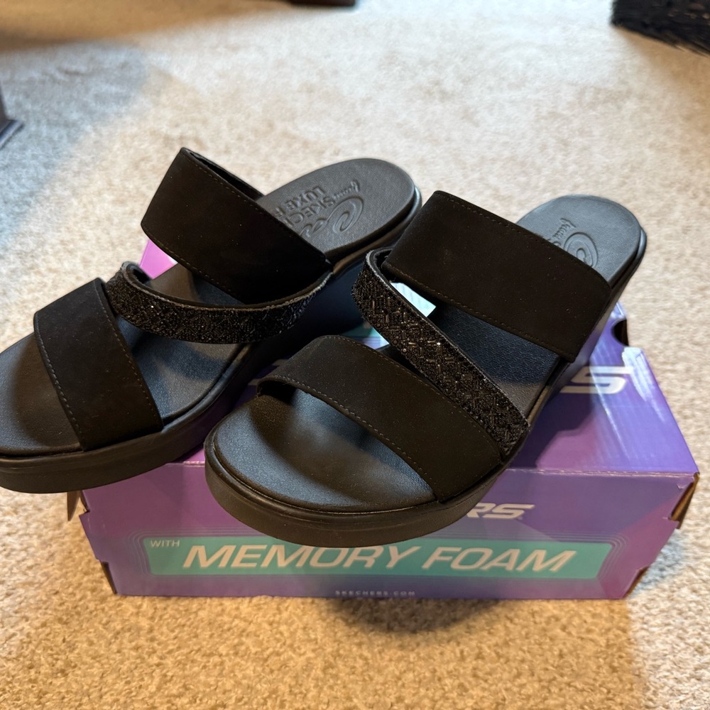 Skechers Women's Black Slide Sandals with Glitter Strap